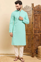 Sea Green Viscose Rayon Solid Embroidered Ethnic Straight Chikankari Kurta For Men MKU1030TRQ