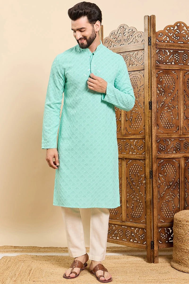 Sea Green Viscose Rayon Solid Embroidered Ethnic Straight Chikankari Kurta For Men MKU1030TRQ