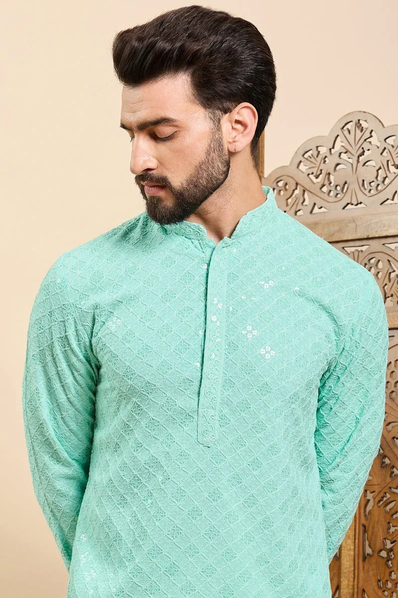 Sea Green Viscose Rayon Solid Embroidered Ethnic Straight Chikankari Kurta For Men MKU1030TRQ