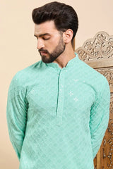 Sea Green Viscose Rayon Solid Embroidered Ethnic Straight Chikankari Kurta For Men MKU1030TRQ