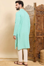 Sea Green Viscose Rayon Solid Embroidered Ethnic Straight Chikankari Kurta For Men MKU1030TRQ