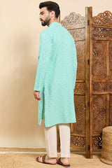 Sea Green Viscose Rayon Solid Embroidered Ethnic Straight Chikankari Kurta For Men MKU1030TRQ