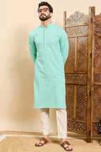 Sea Green Viscose Rayon Solid Embroidered Ethnic Straight Chikankari Kurta For Men MKU1030TRQ