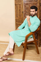 Sea Green Viscose Rayon Solid Embroidered Ethnic Straight Chikankari Kurta For Men MKU1030TRQ