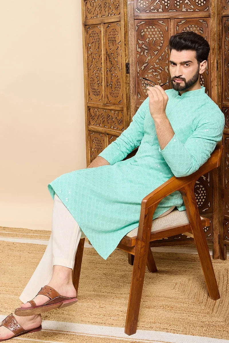 Sea Green Viscose Rayon Solid Embroidered Ethnic Straight Chikankari Kurta For Men MKU1030TRQ
