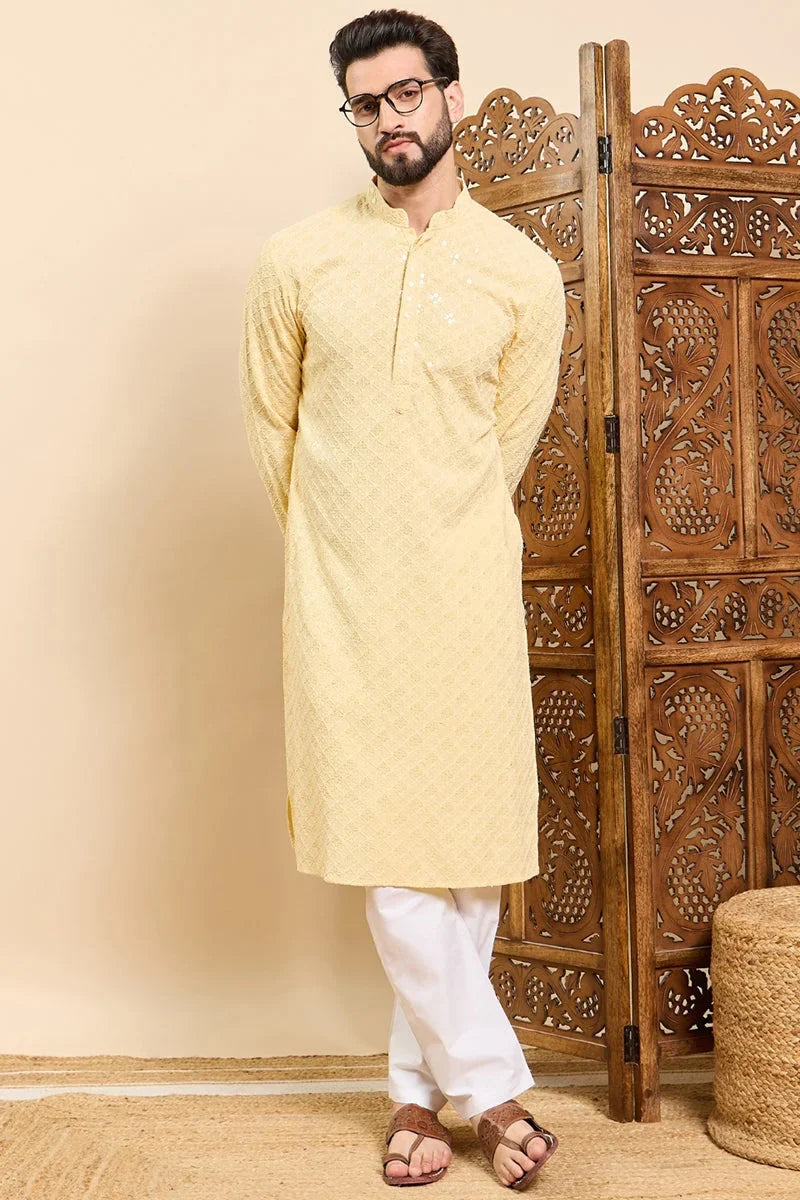Yellow Viscose Rayon Solid Embroidered Ethnic Straight Chikankari Kurta For Men MKU1030YLW