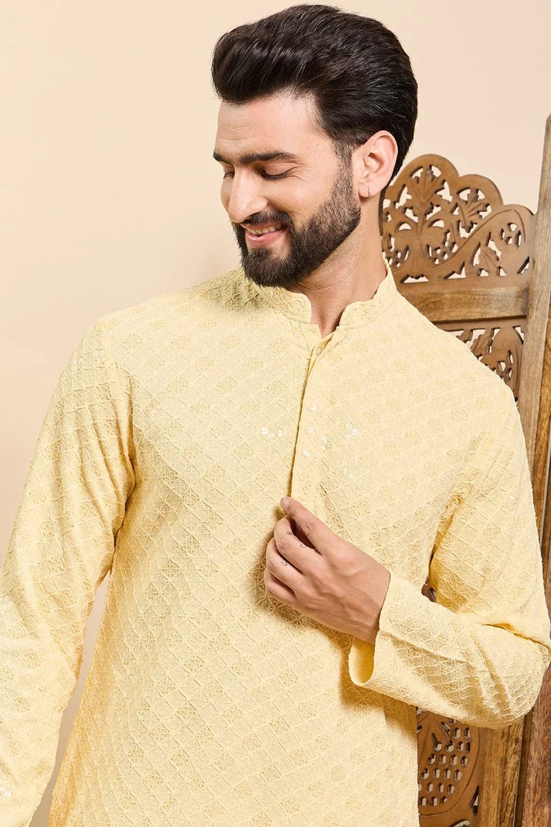 Yellow Viscose Rayon Solid Embroidered Ethnic Straight Chikankari Kurta For Men MKU1030YLW