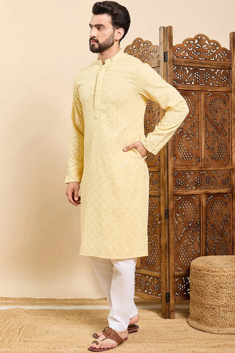Yellow Viscose Rayon Solid Embroidered Ethnic Straight Chikankari Kurta For Men MKU1030YLW