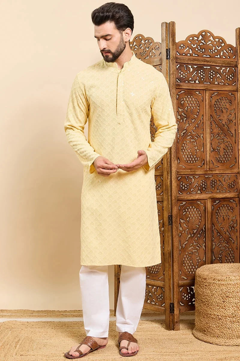 Yellow Viscose Rayon Solid Embroidered Ethnic Straight Chikankari Kurta For Men MKU1030YLW