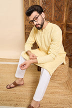 Yellow Viscose Rayon Solid Embroidered Ethnic Straight Chikankari Kurta For Men MKU1030YLW