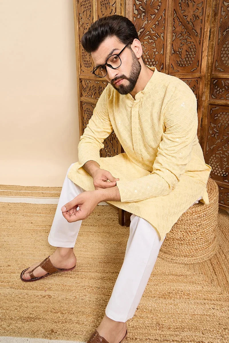Yellow Viscose Rayon Solid Embroidered Ethnic Straight Chikankari Kurta For Men MKU1030YLW