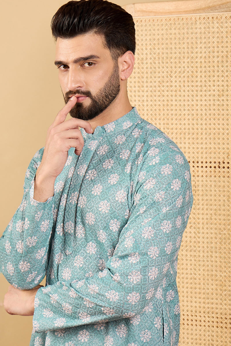Sea Green Viscose Rayon Ethnic Motifs Embroidered Straight Chikankari Kurta MKU1032