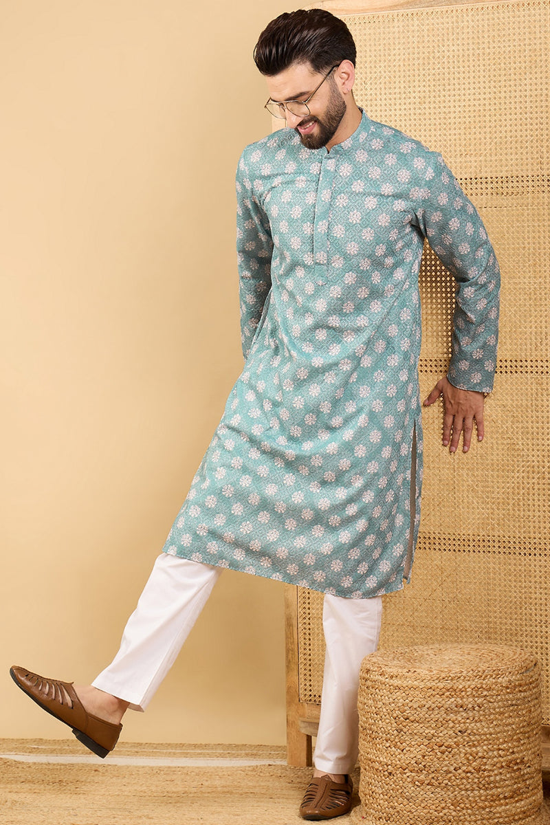 Sea Green Viscose Rayon Ethnic Motifs Embroidered Straight Chikankari Kurta MKU1032