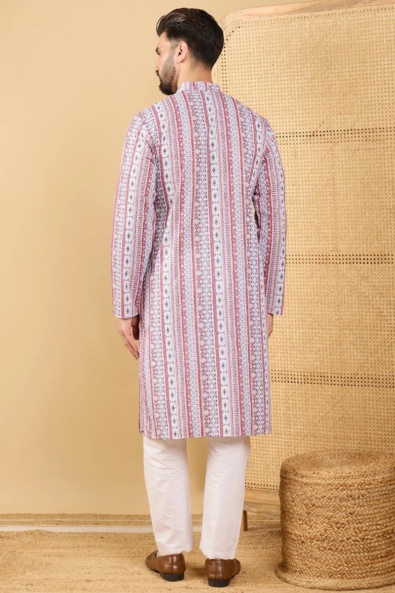 White Viscose Rayon Geometric Embroidered Straight Chikankari Kurta MKU1033