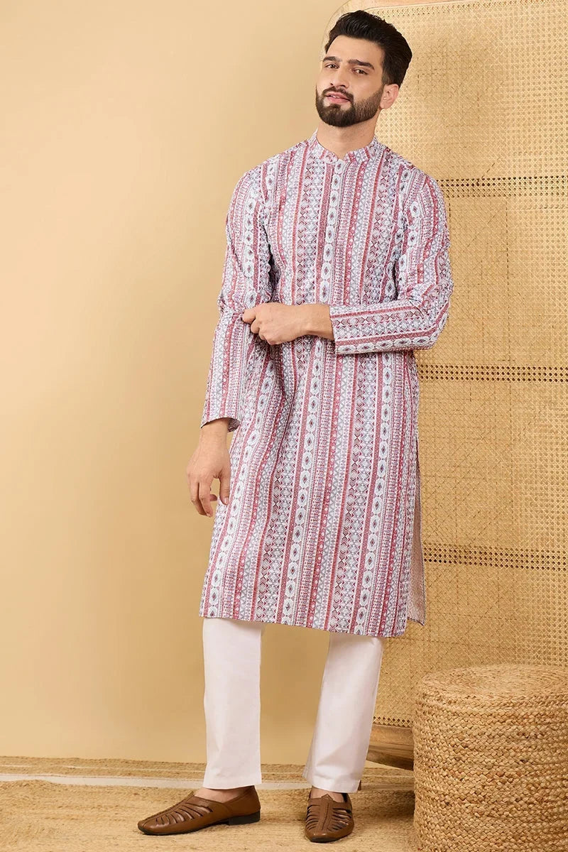 White Viscose Rayon Geometric Embroidered Straight Chikankari Kurta MKU1033