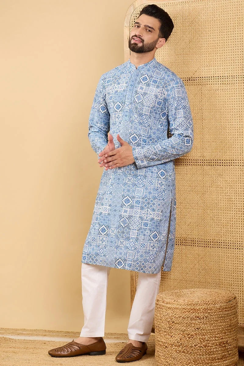 Blue Viscose Rayon Geometric Embroidered Straight Chikankari Kurta MKU1036