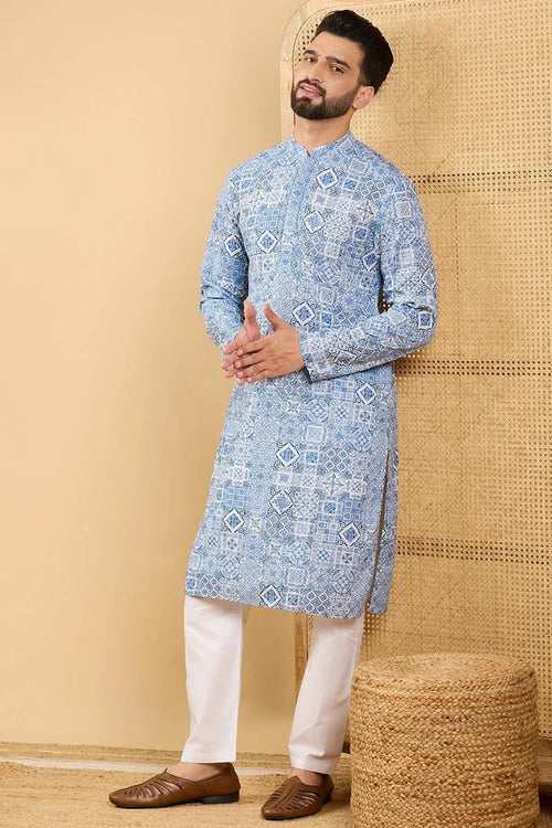 Blue Viscose Rayon Geometric Embroidered Straight Chikankari Kurta MKU1036