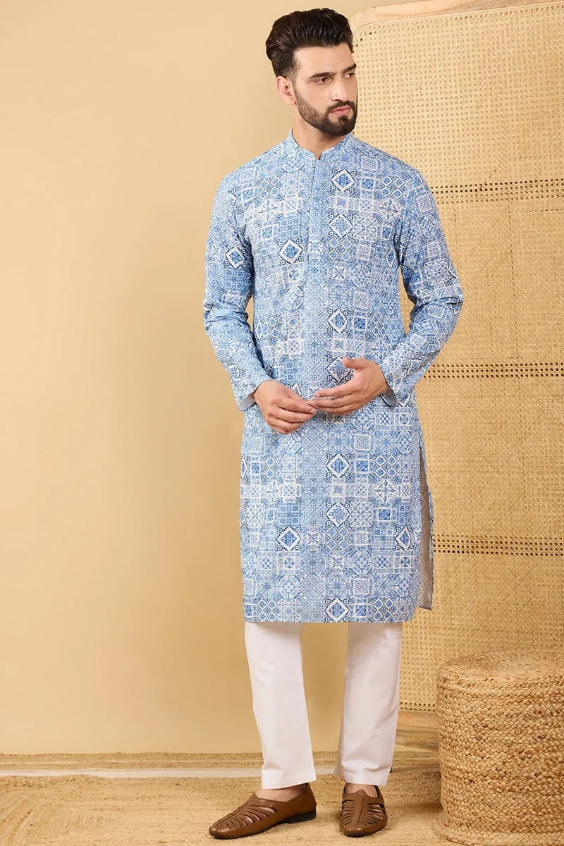 Blue Viscose Rayon Geometric Embroidered Straight Chikankari Kurta MKU1036