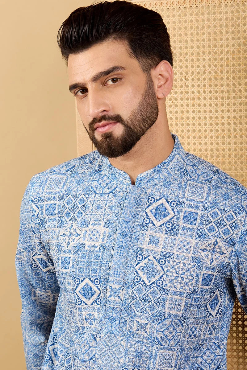 Blue Viscose Rayon Geometric Embroidered Straight Chikankari Kurta MKU1036