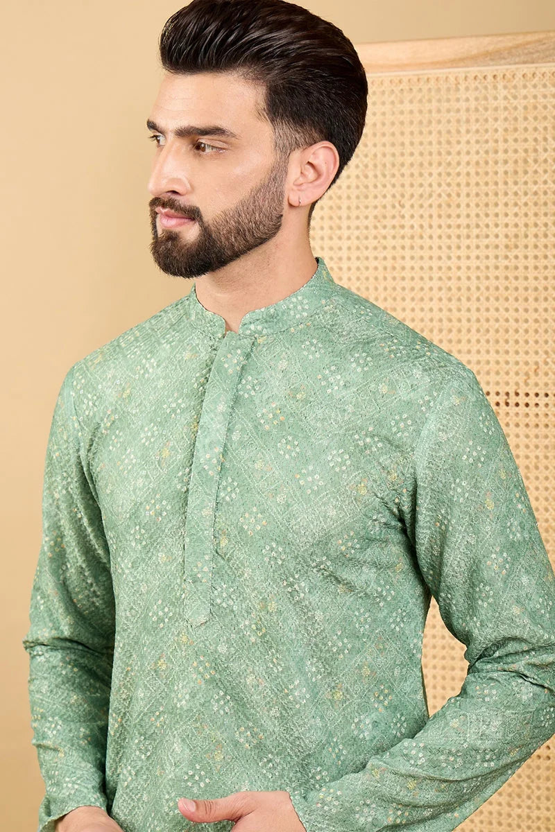 Green Viscose Rayon Bandhani Embroidered Straight Chikankari Kurta MKU1037