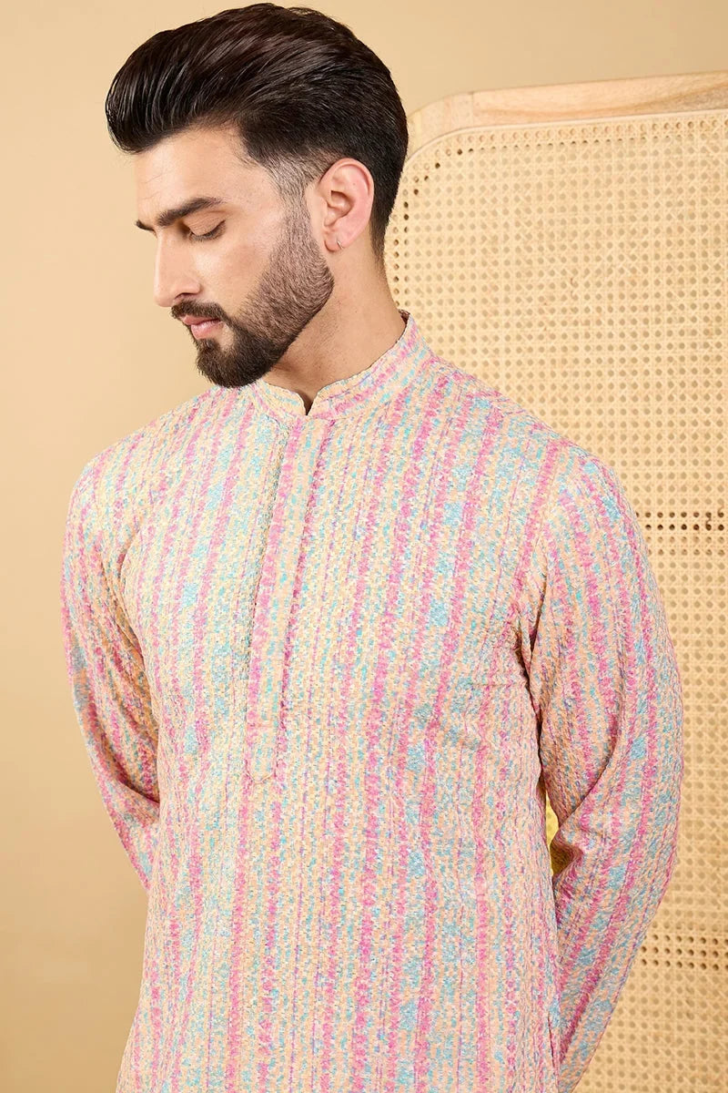 Peach Viscose Rayon Striped Embroidered Straight Chikankari Kurta MKU1038