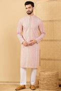 Peach Viscose Rayon Striped Embroidered Straight Chikankari Kurta MKU1038