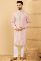 Peach Viscose Rayon Striped Embroidered Straight Chikankari Kurta MKU1038