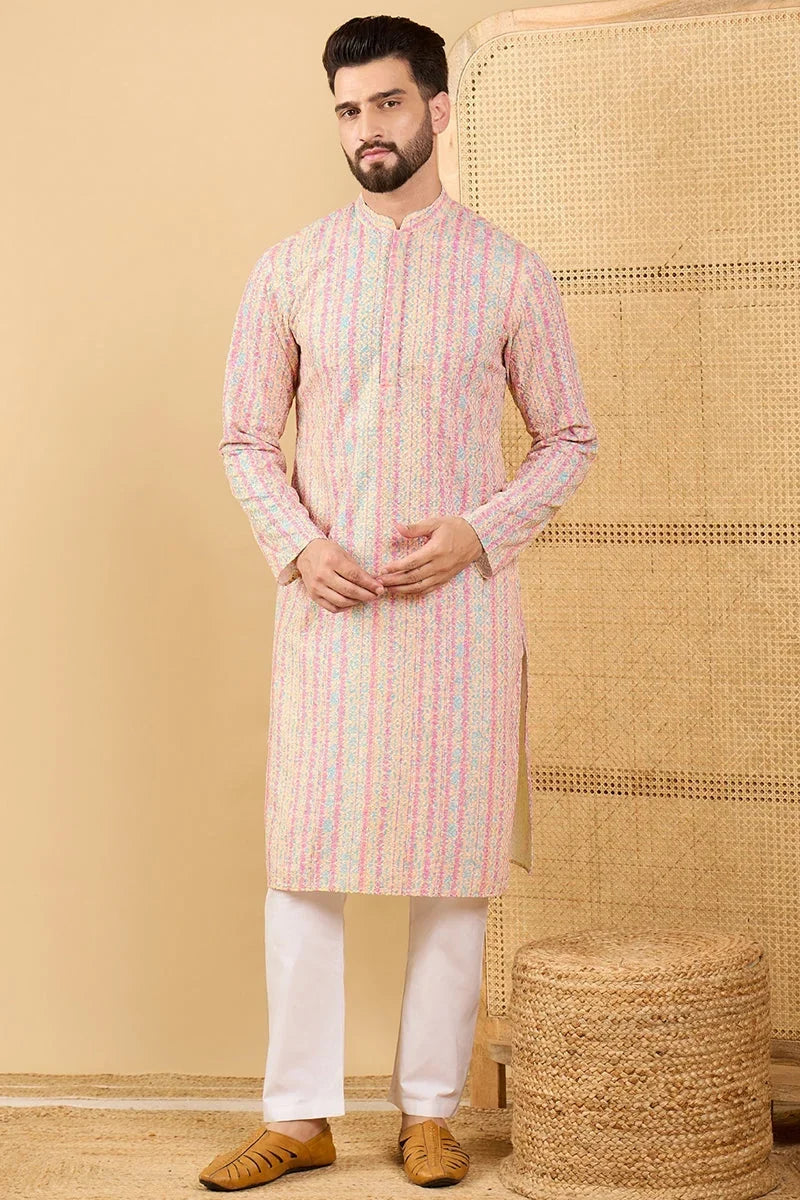 Peach Viscose Rayon Striped Embroidered Straight Chikankari Kurta MKU1038