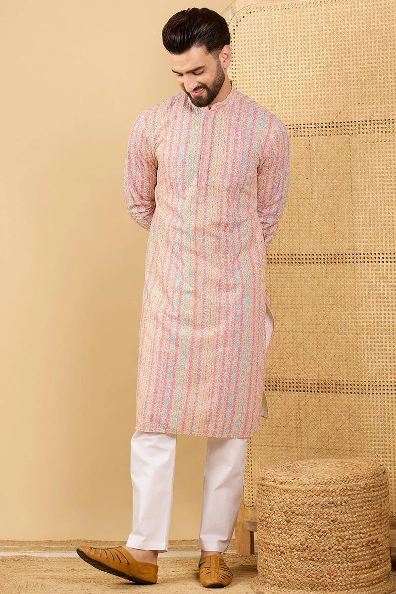 Peach Viscose Rayon Striped Embroidered Straight Chikankari Kurta MKU1038