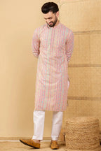 Peach Viscose Rayon Striped Embroidered Straight Chikankari Kurta MKU1038