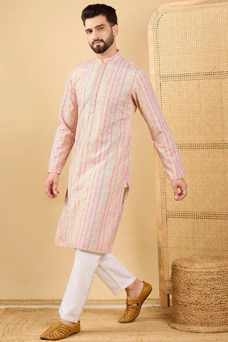 Peach Viscose Rayon Striped Embroidered Straight Chikankari Kurta MKU1038