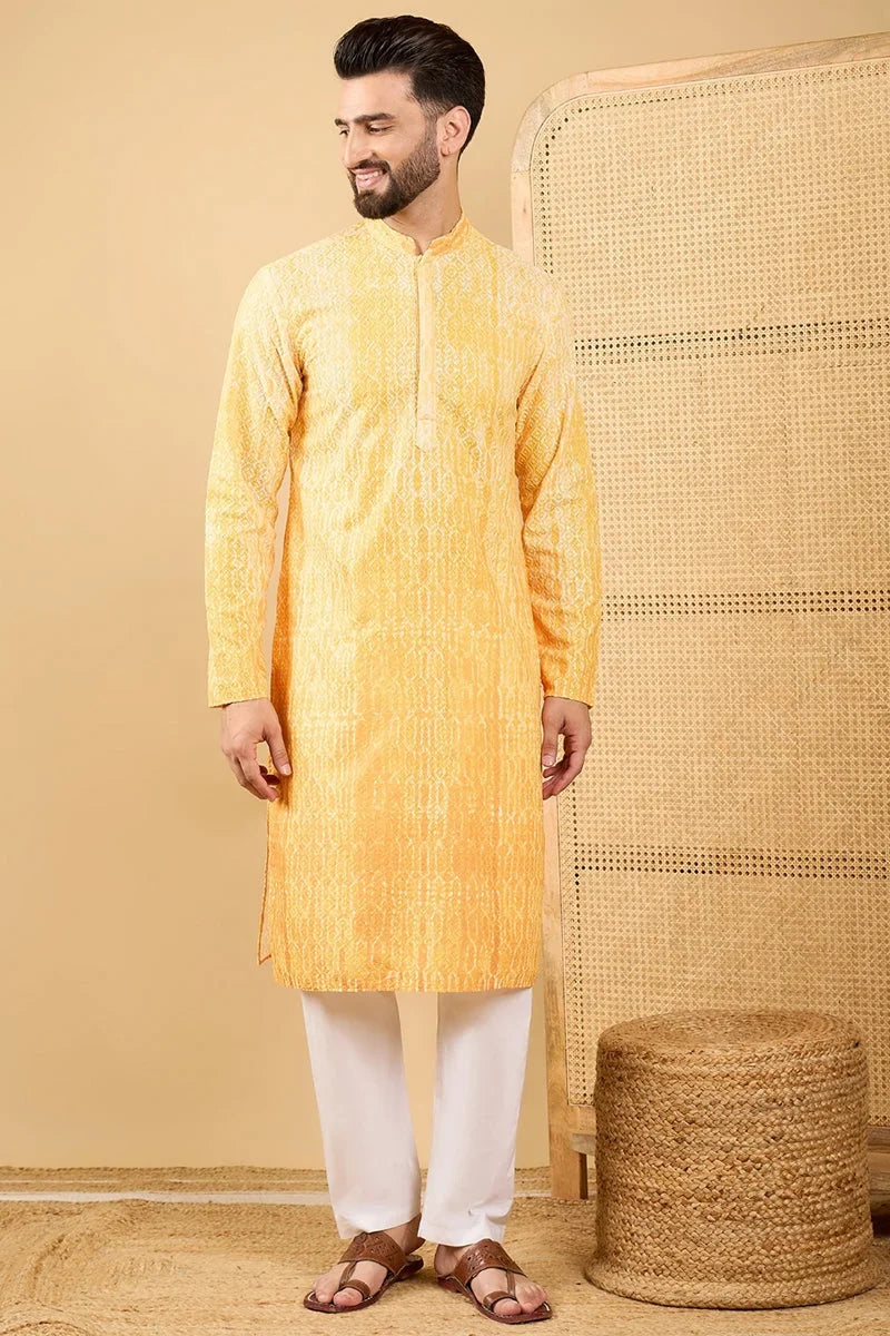 Yellow Viscose Rayon Abstract Embroidered Straight Chikankari Kurta MKU1039