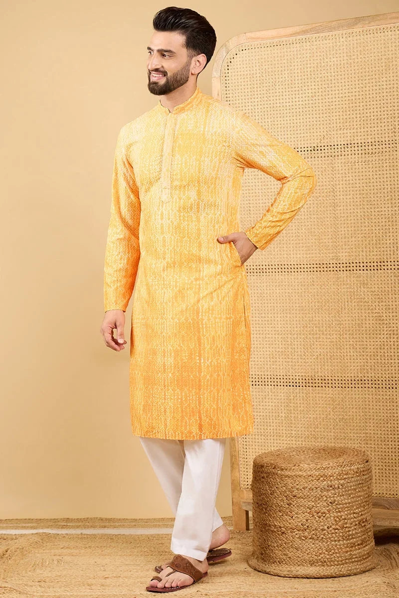 Yellow Viscose Rayon Abstract Embroidered Straight Chikankari Kurta MKU1039