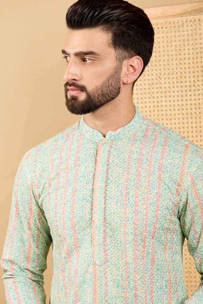 Green Viscose Rayon Striped Embroidered Straight Chikankari Kurta MKU1040