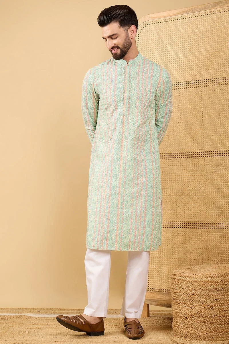 Green Viscose Rayon Striped Embroidered Straight Chikankari Kurta MKU1040