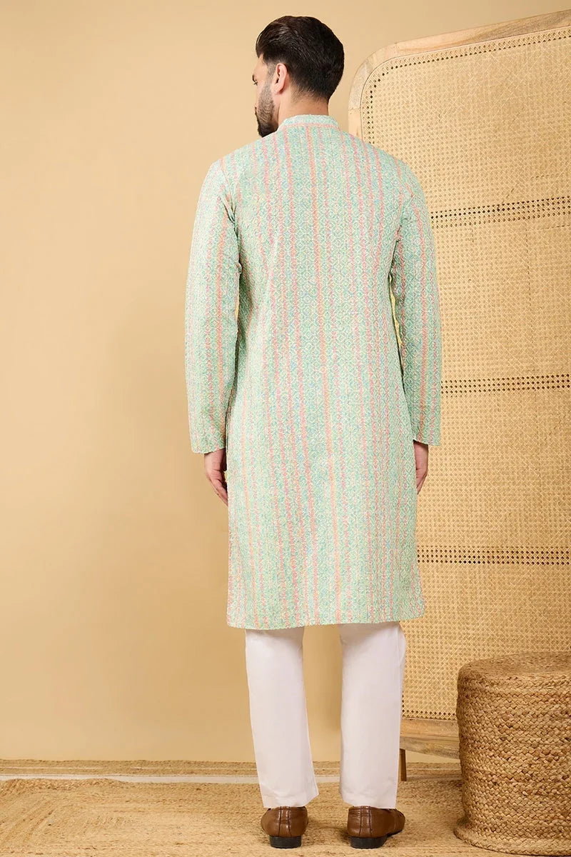 Green Viscose Rayon Striped Embroidered Straight Chikankari Kurta MKU1040