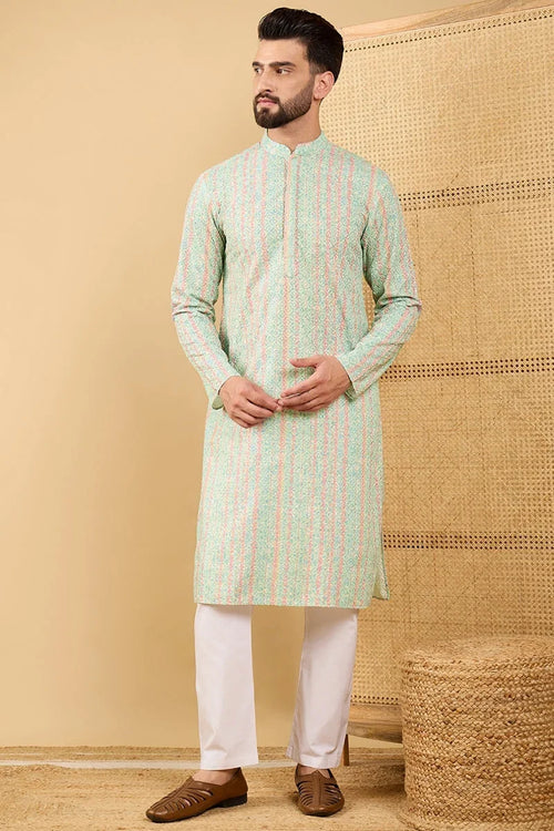 Green Viscose Rayon Striped Embroidered Straight Chikankari Kurta MKU1040