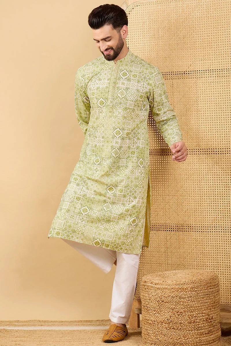 Olive Green Viscose Rayon Geometric Embroidered Straight Chikankari Kurta MKU1041