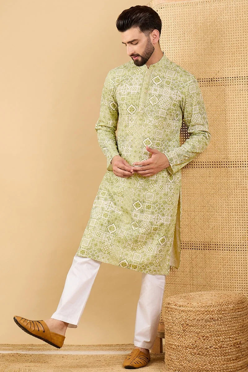 Olive Green Viscose Rayon Geometric Embroidered Straight Chikankari Kurta MKU1041