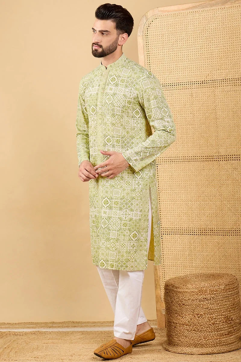 Olive Green Viscose Rayon Geometric Embroidered Straight Chikankari Kurta MKU1041