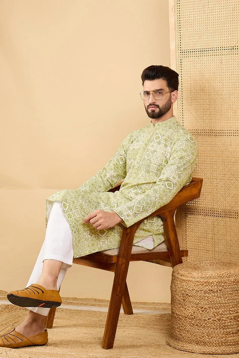Olive Green Viscose Rayon Geometric Embroidered Straight Chikankari Kurta MKU1041