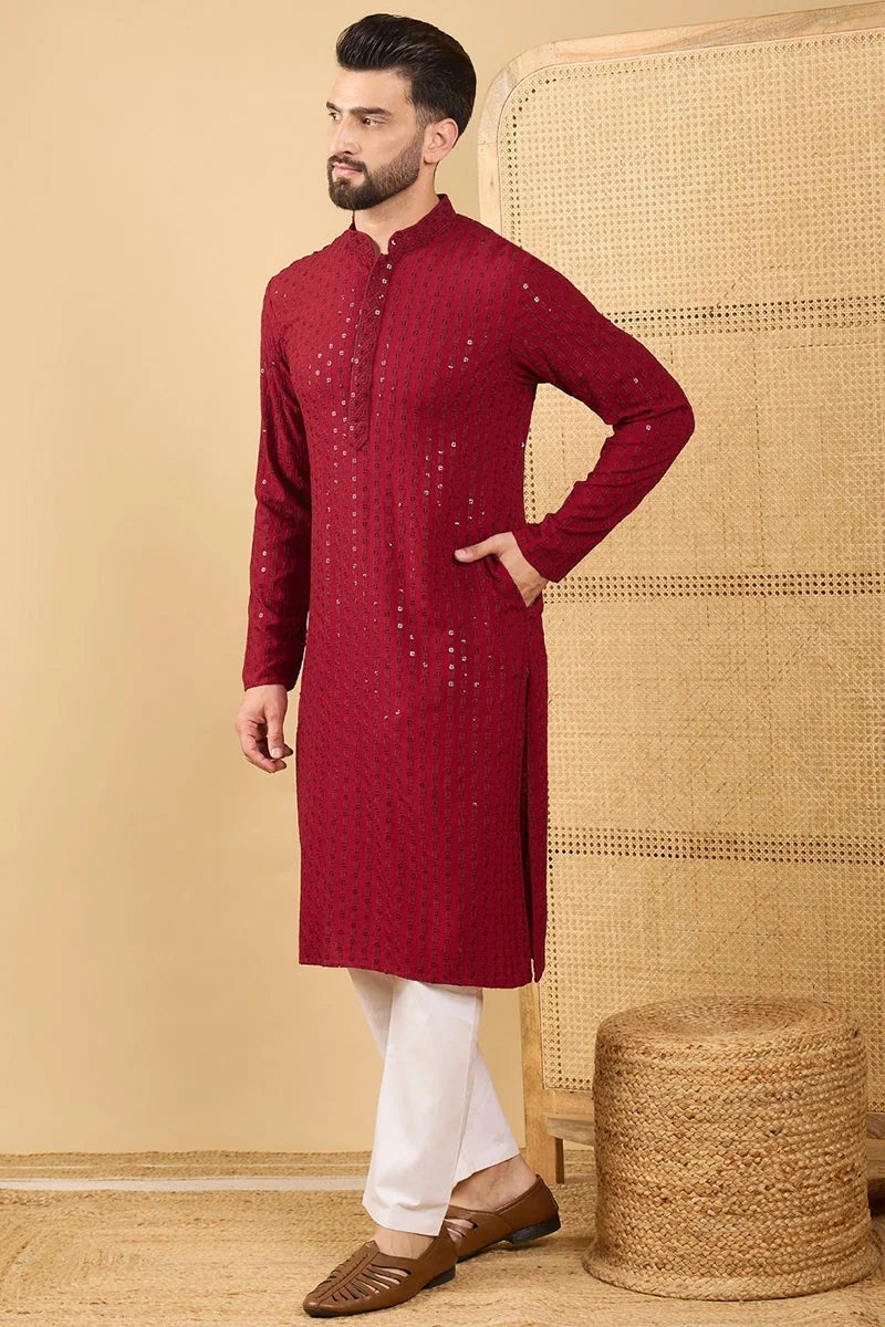 Maroon Viscose Rayon Solid Embroidered Straight Chikankari Kurta MKU1043