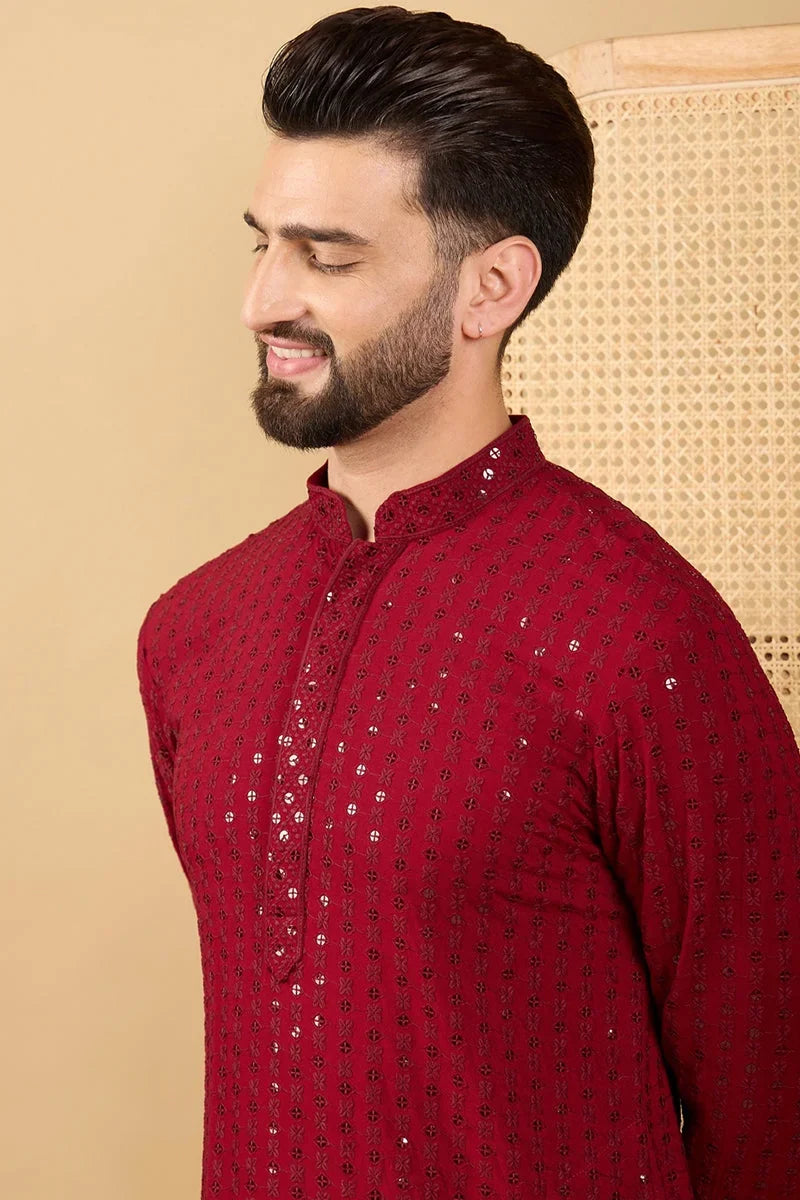 Maroon Viscose Rayon Solid Embroidered Straight Chikankari Kurta MKU1043
