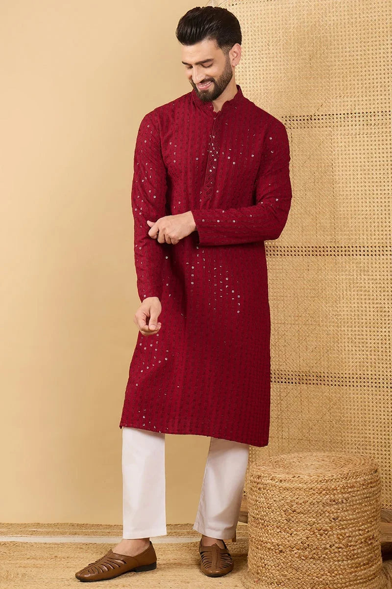 Maroon Viscose Rayon Solid Embroidered Straight Chikankari Kurta MKU1043