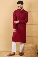 Maroon Viscose Rayon Solid Embroidered Straight Chikankari Kurta MKU1043