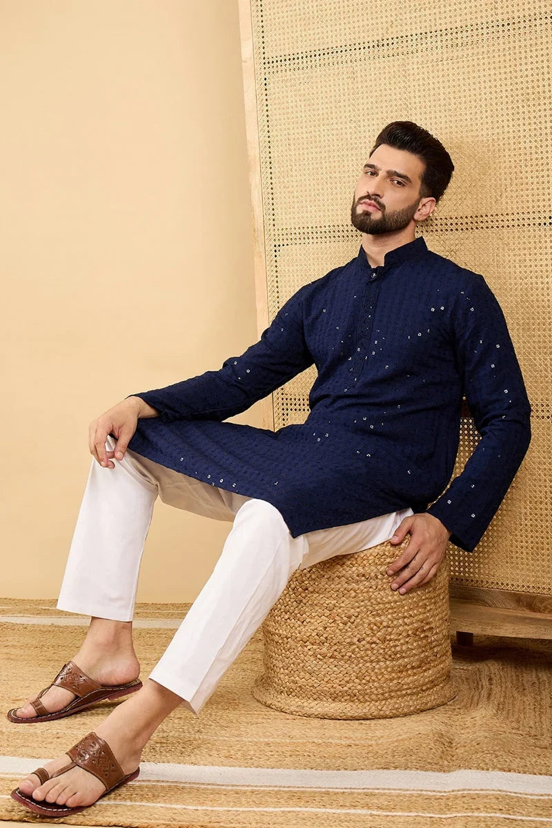 Navy Blue Viscose Rayon Solid Embroidered Straight Chikankari Kurta MKU1045