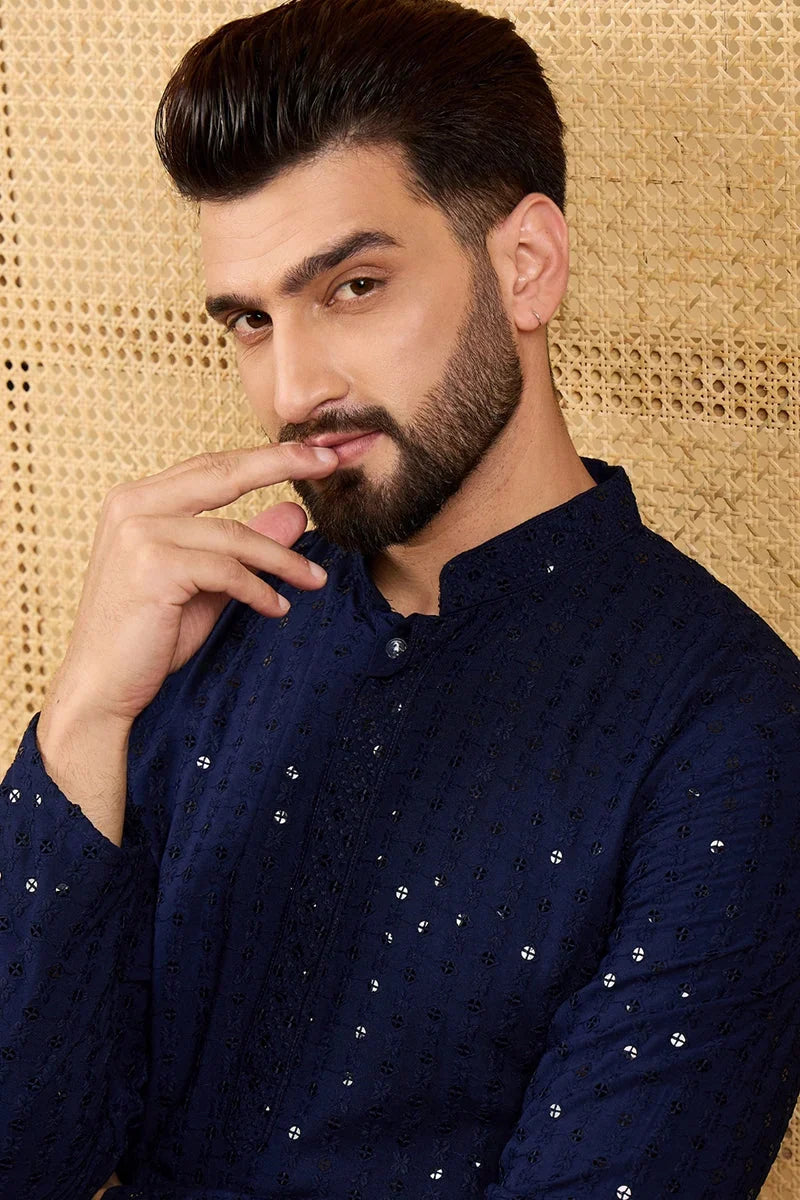 Navy Blue Viscose Rayon Solid Embroidered Straight Chikankari Kurta MKU1045