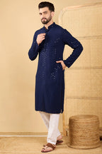 Navy Blue Viscose Rayon Solid Embroidered Straight Chikankari Kurta MKU1045