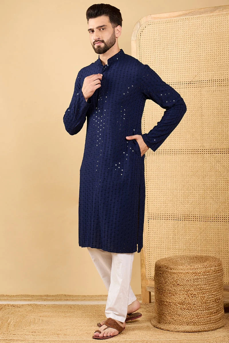 Navy Blue Viscose Rayon Solid Embroidered Straight Chikankari Kurta MKU1045