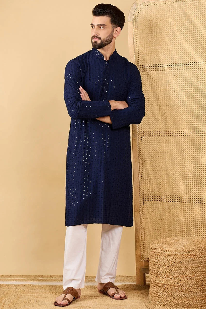 Navy Blue Viscose Rayon Solid Embroidered Straight Chikankari Kurta MKU1045